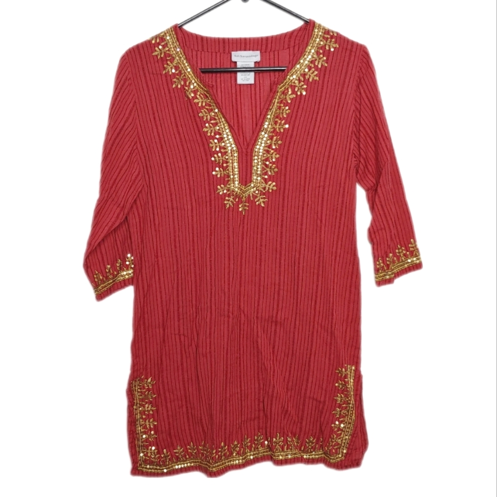 Soft Surroundings Women's Red Ethnic Boho Sequin Half Sleeve Tunic Top Size XS
